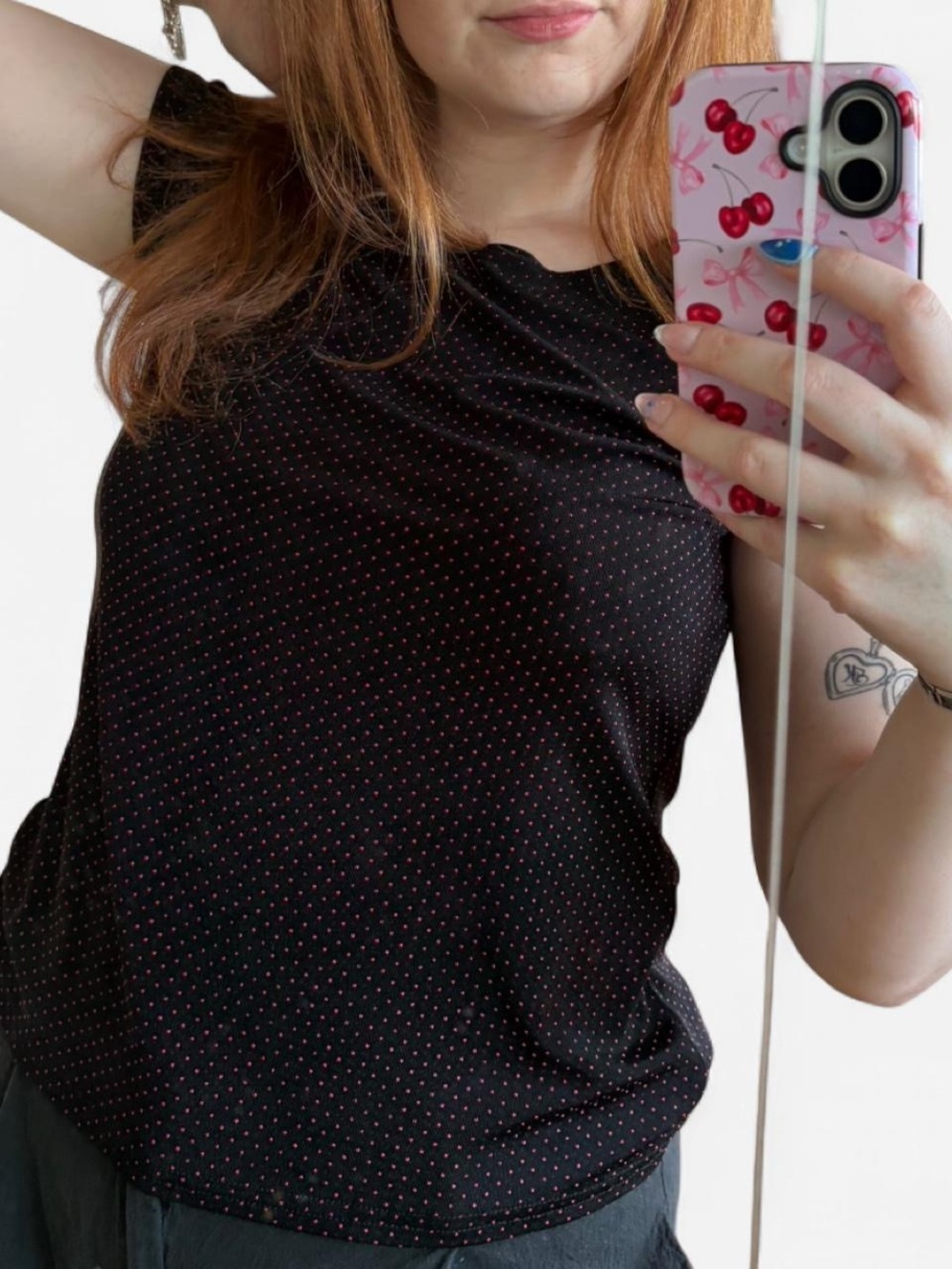 Jennifer Moore Black Short Sleeve Top with Pink Polka Dots